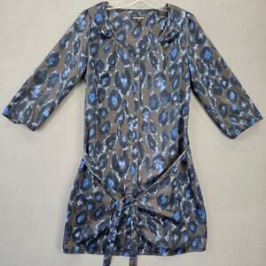 Express Gray Blue Mini Dress 3/4 Sleeves Shift Tie Belt Button Up Scoop Womens M